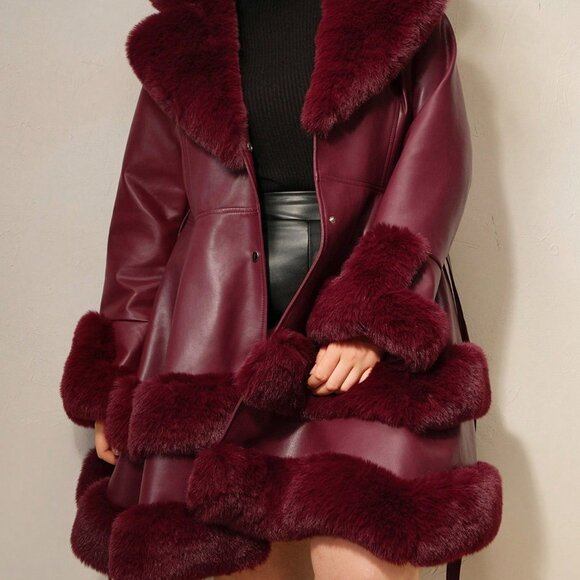 Burgundy Elegant Women's Fluffy Furry Jacket - Picture 5 of 7